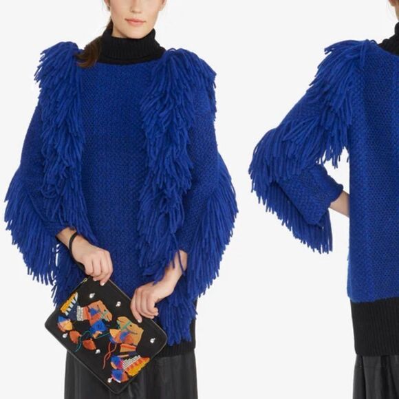 RACHEL COMEY Size M Fringe Turtleneck Pullover Royal Blue Oversized Sweater - Picture 1 of 13
